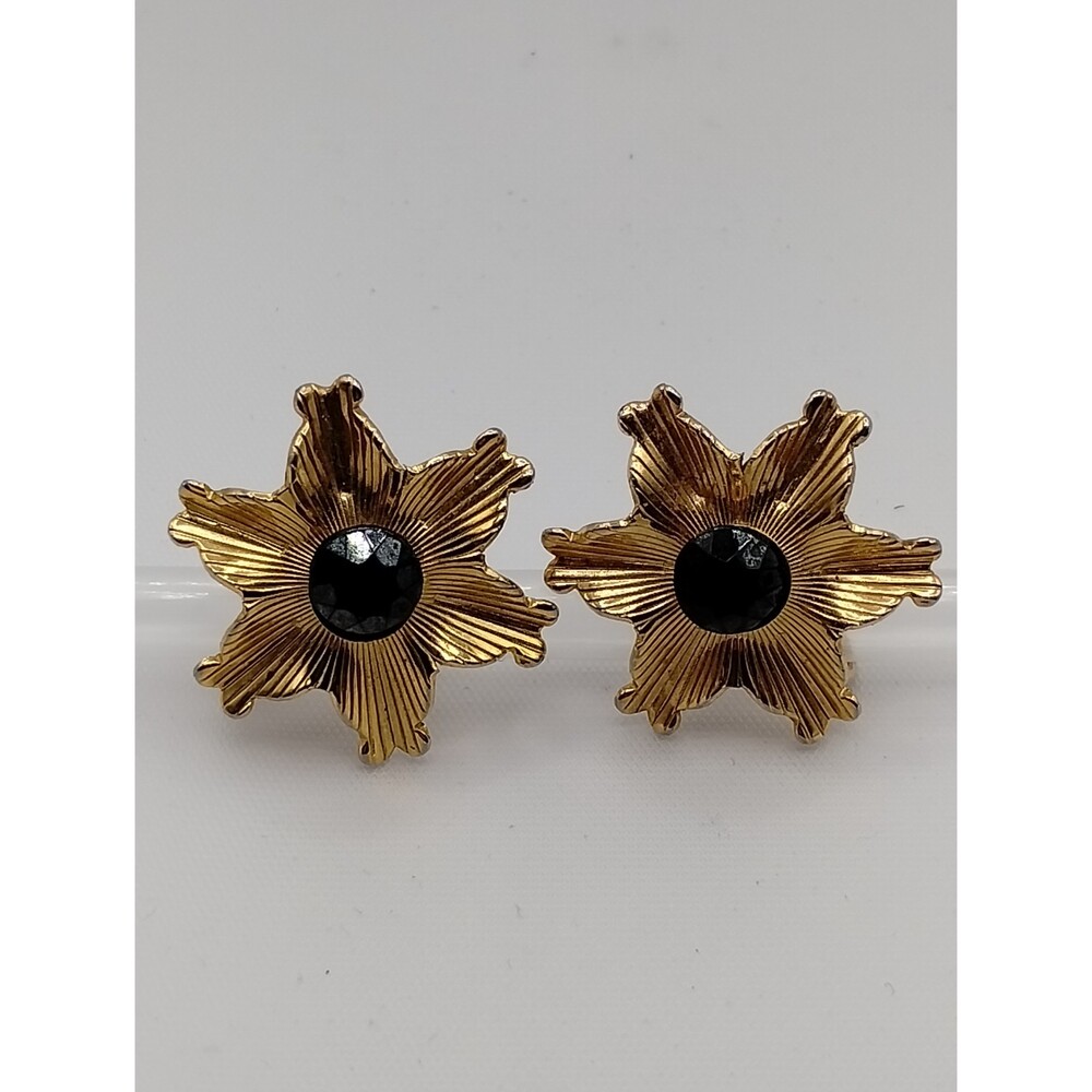 Vintage Black Glass Crystal Gold Tone Flower Clip On Earrings